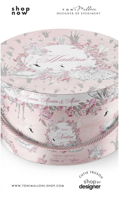 Cutie trusou botez cu lebada alba si glitter argintiu rotunda cu un design modern White Swan 2
